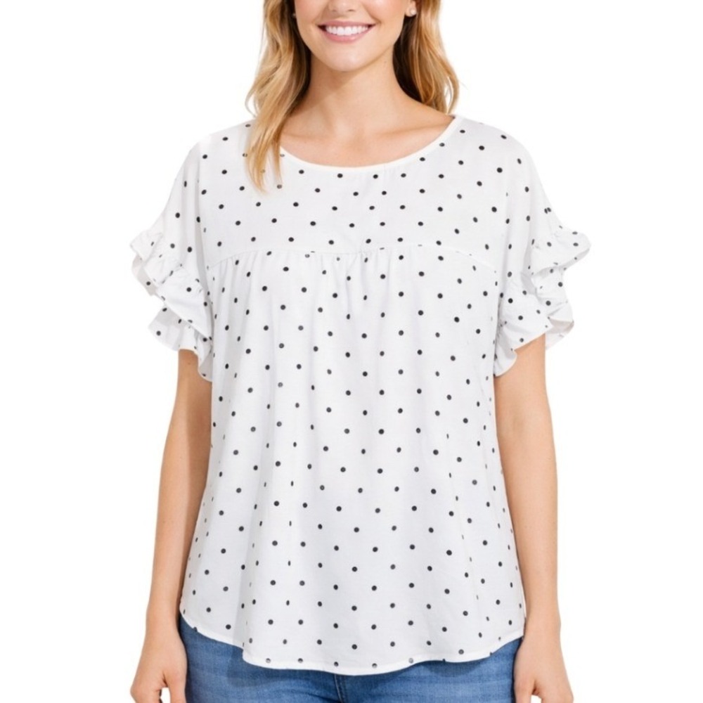 Hailey & Co Womens 1X Polka Dot Ruffle Sleeve Babydoll Blouse White Black‎ Top